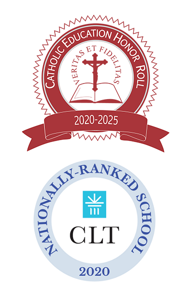 Badges from the Catholic Education Honor Roll and the Classical Learning Test.