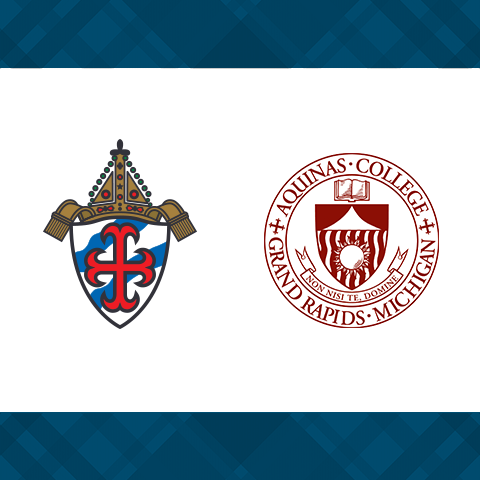 The crest of the Diocese of Grand Rapids and the seal of Aquinas College.