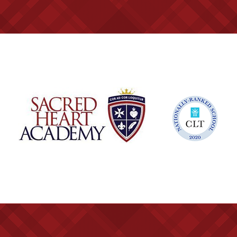 The Sacred Heart Academy logo next to a badge from the Classical Learning Test.