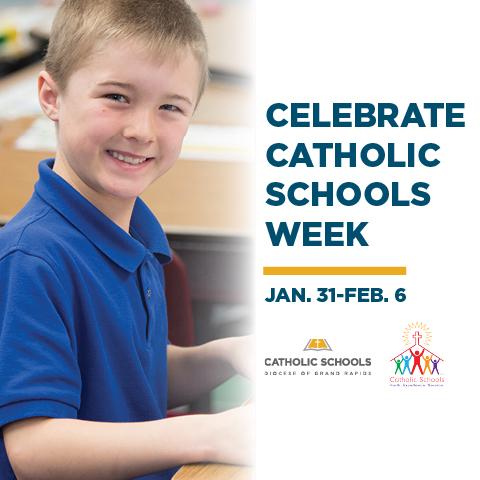 A graphic showing a student at a desk and the words "Celebrate Catholic Schools Week: Jan. 31-Feb. 6".